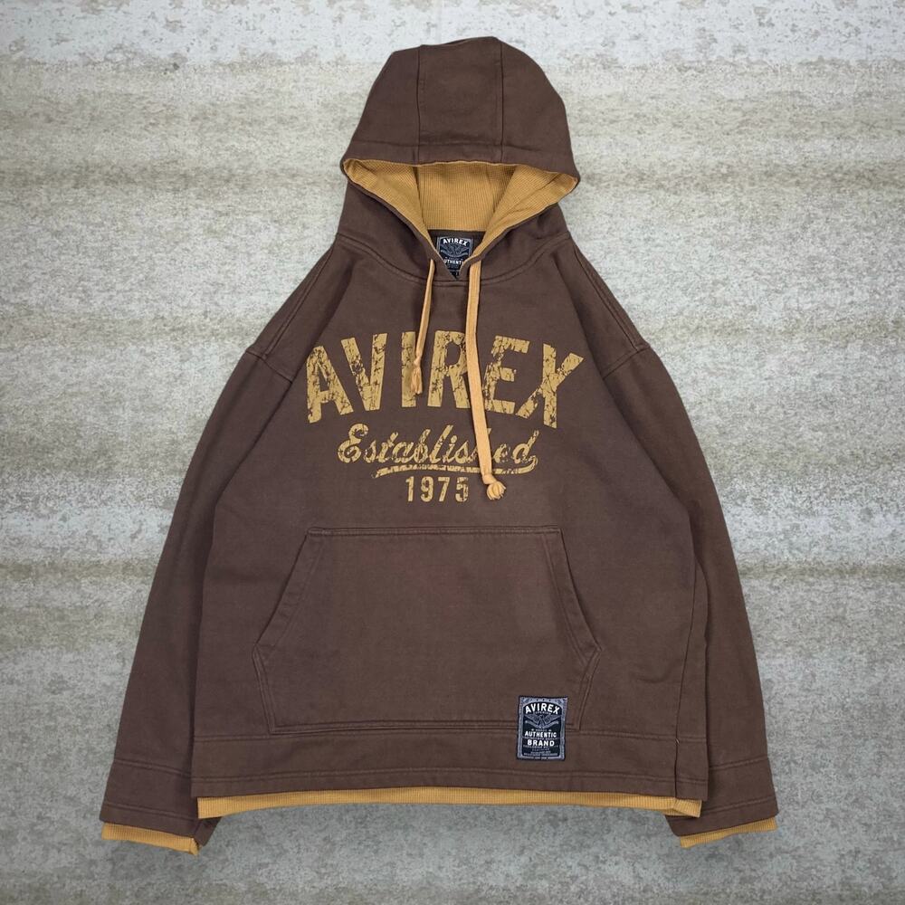 Vintage 90s Avirex Hoodie Mens 2XL Chocolate Brown Yellow Logo Cotton Pullover